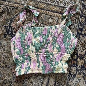 Abercrombie & Fitch Floral Smocked Cropped Tank - Cream, Green, Lavender
